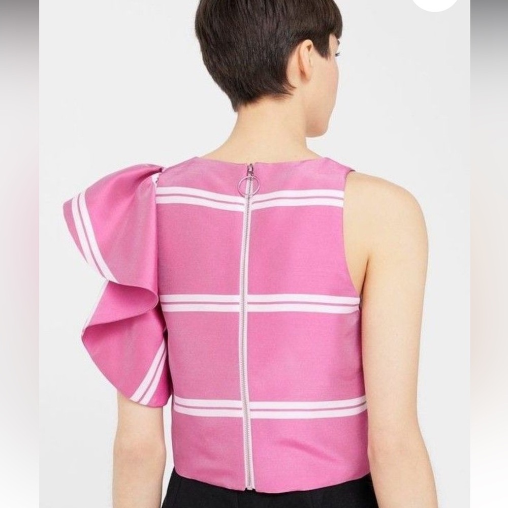 Mango Pink Asymmetrical Ruffle Top w/ white stripes Woman’s 6 - Picture 2 of 7